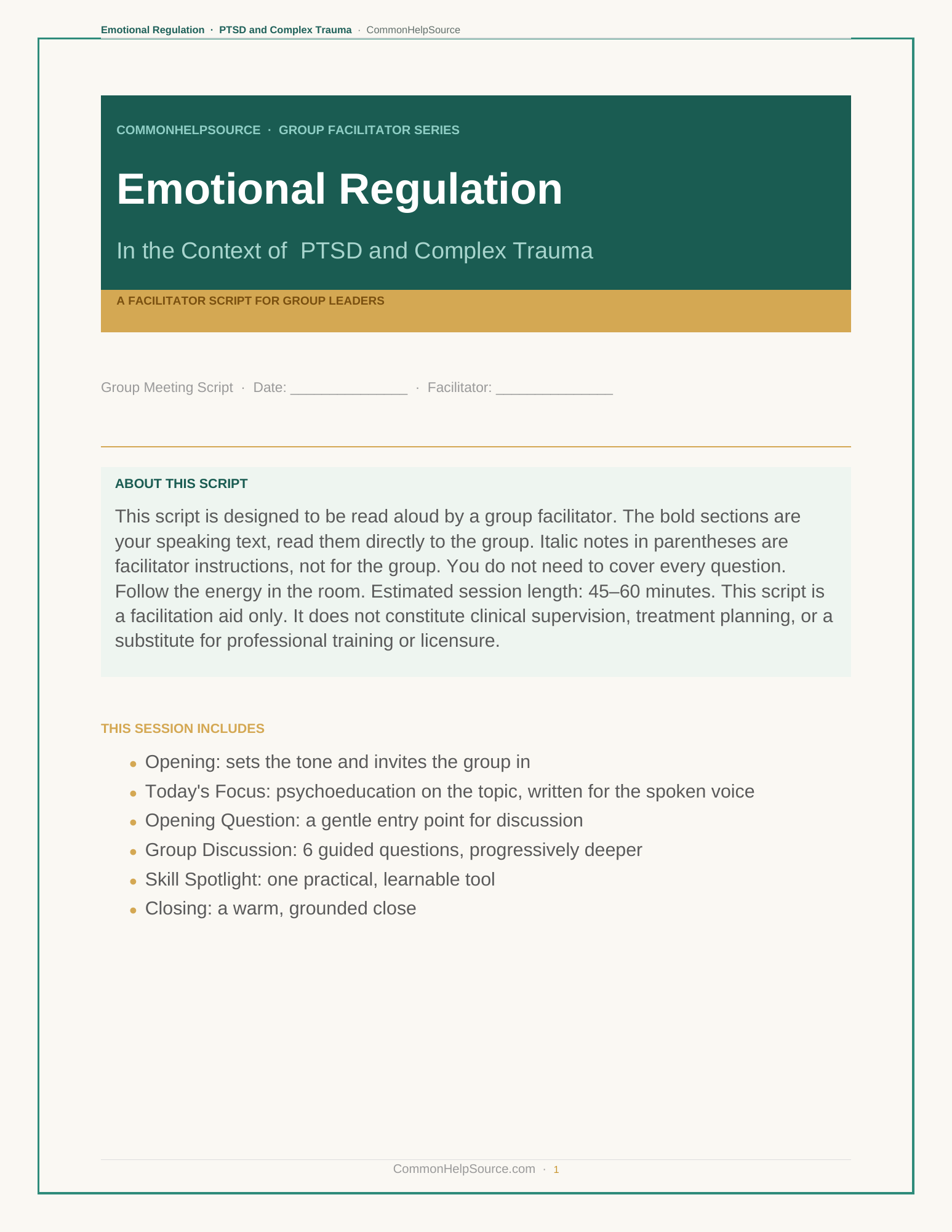 Emotional Regulation in the Context of PTSD and Complex Trauma facilitator guide cover