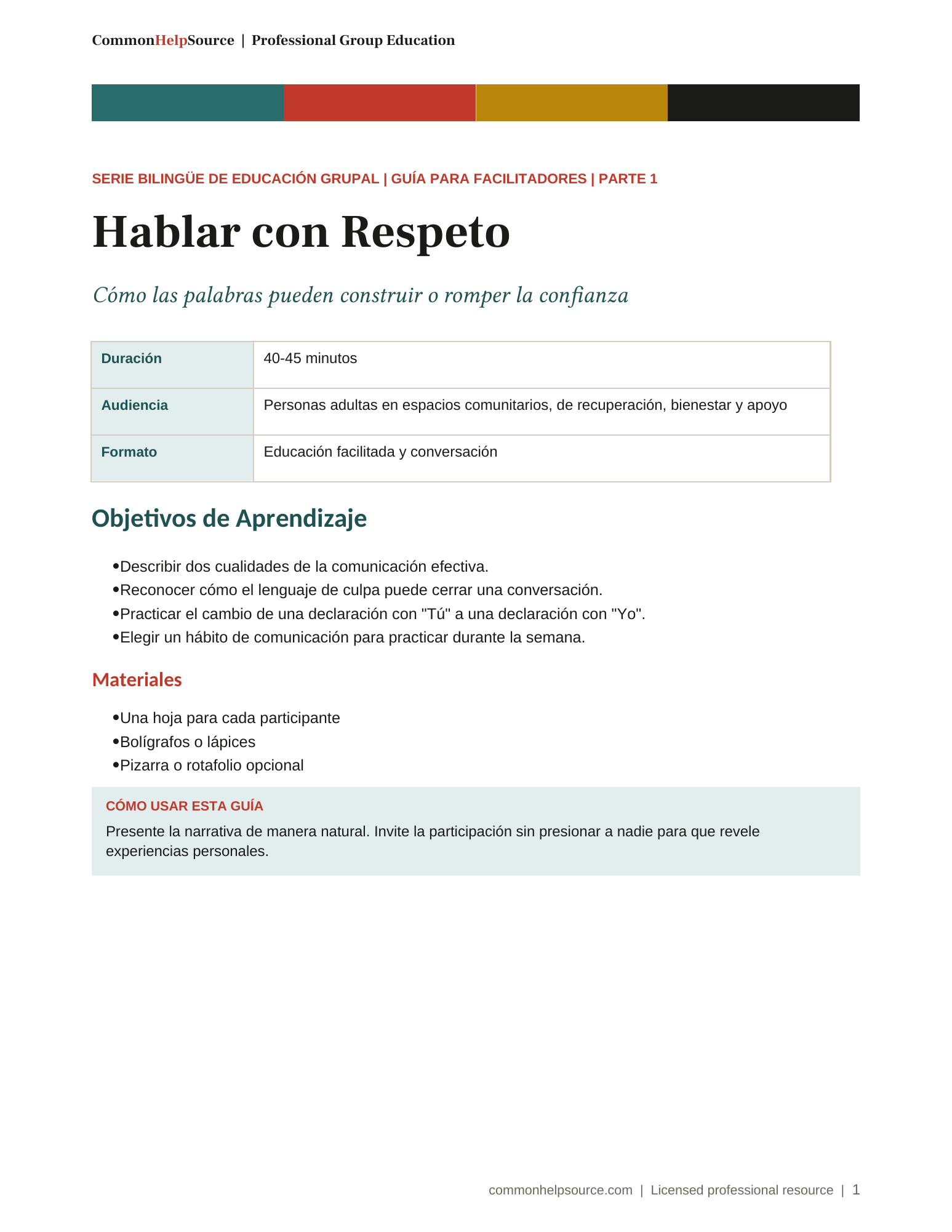 Hablar con Respeto facilitator guide cover in Spanish