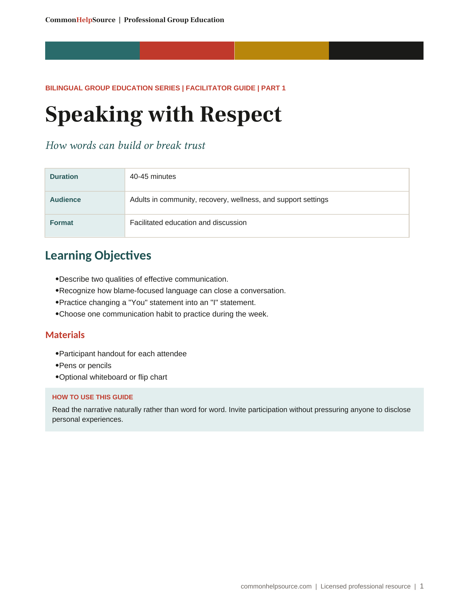 Speaking with Respect facilitator guide cover in English